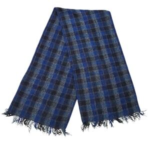 Boyne Valley Weavers Plaid Scarf Blue Black Wool Fringe Handcrafted Ireland